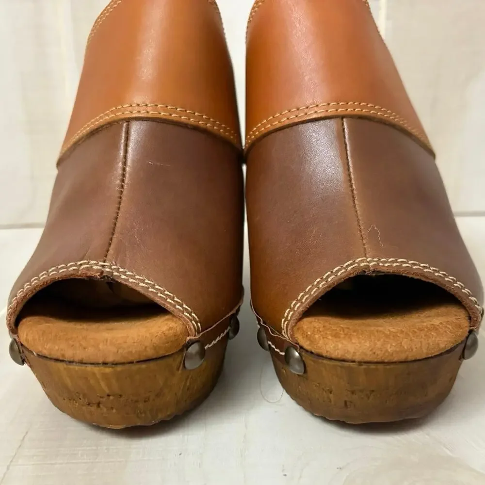 Sbicca Vintage Collection Leather Platform Clogs Studded Brown Slip-On 39(8.5)
